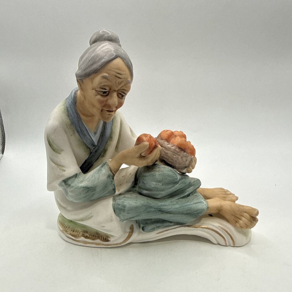 Vintage E. W. Princess China Figurine - Old Woman With Fruit - 6" x 2" x 6”